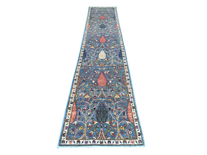 Blue 2'7" x 12'10" Tribal & Geometric Hand knotted Wool Rug - Sku: O021267