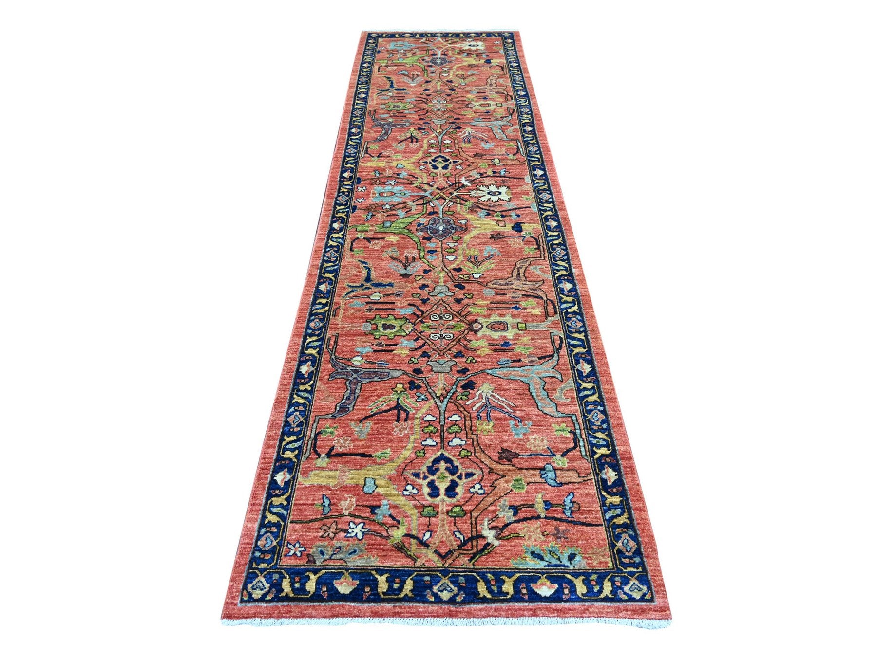Peshawar Tribal & Geometric hand-knotted wool runner in Red & Blue, 3'2" x 11'6" — SKU O021268