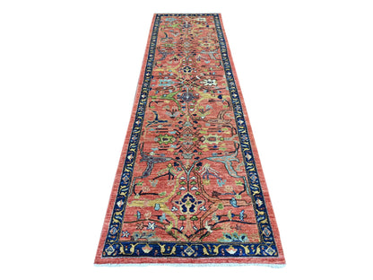 Peshawar Tribal & Geometric hand-knotted wool runner in Red & Blue, 3'2" x 11'6" — SKU O021268