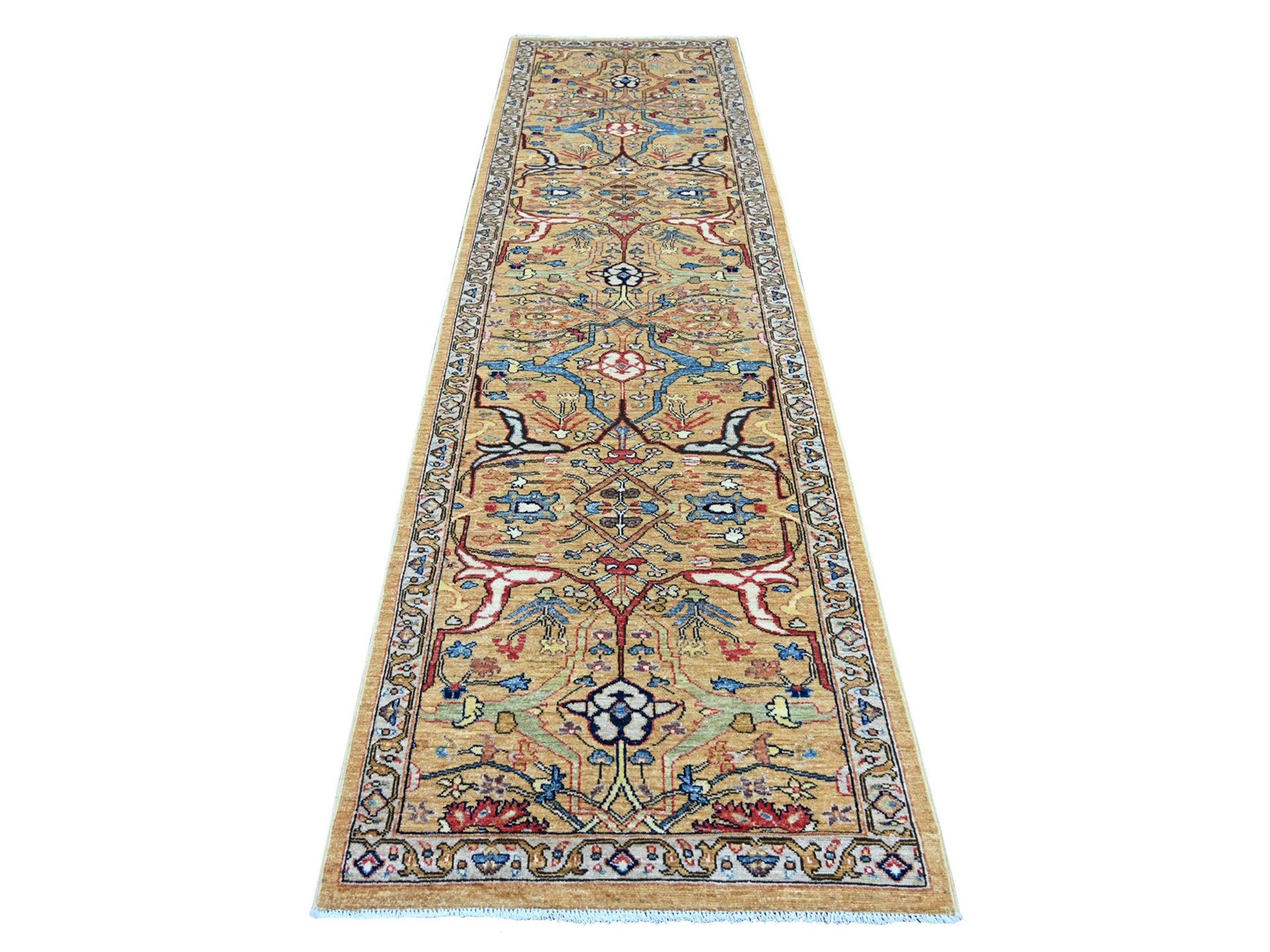 Peshawar Tribal & Geometric hand-knotted wool runner in Yellow & Gray, 3'1" x 11'5" — SKU O021269