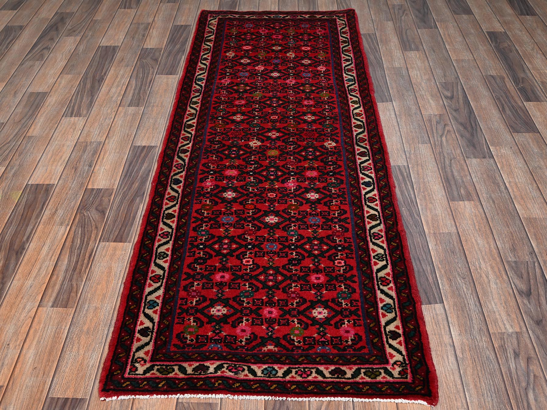 Tribal & Geometric hand-knotted wool runner in Red & Ivory, 2'6" x 6'9" — SKU O02126 (view 2)