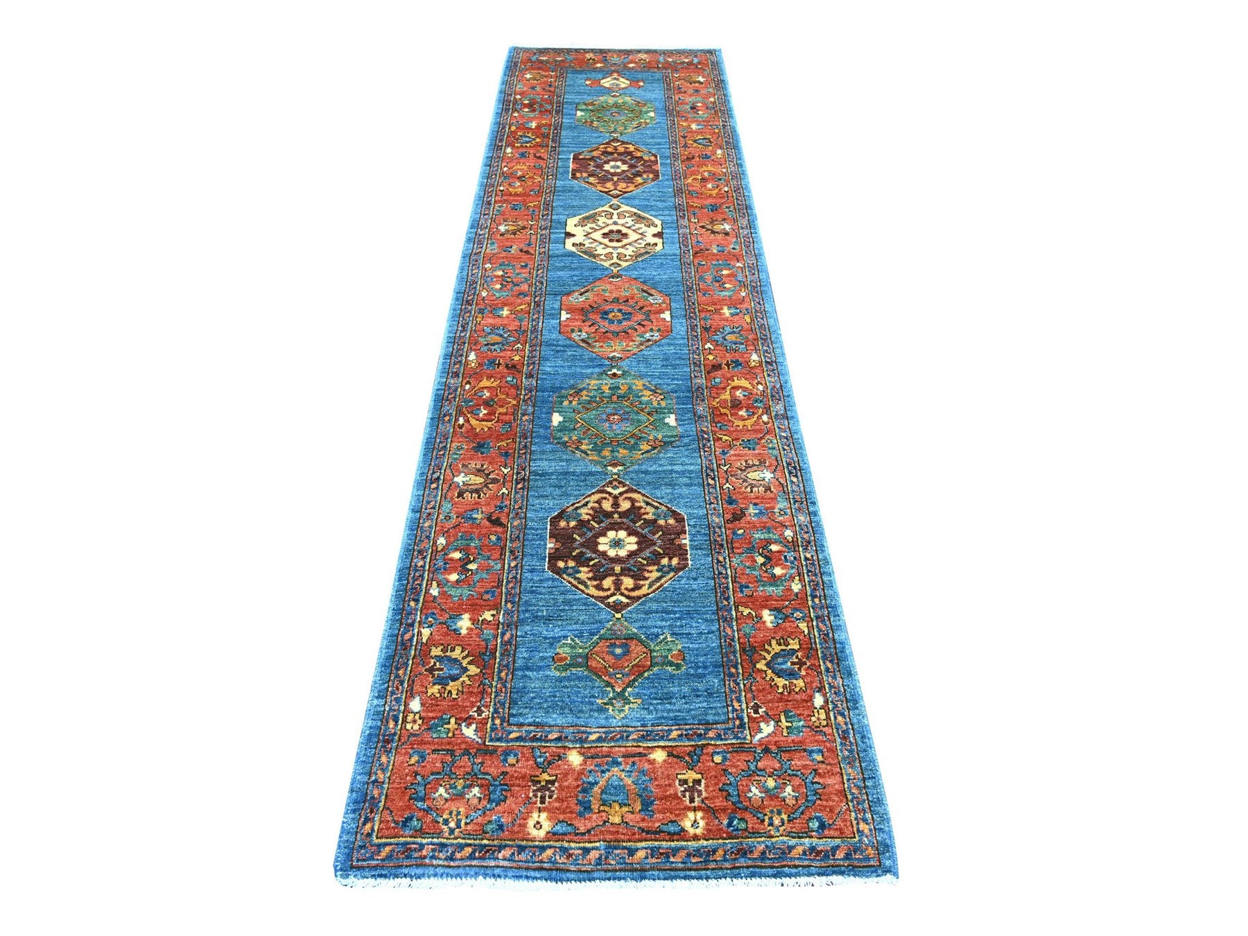 Blue 2'9" x 10'2" Tribal & Geometric Hand knotted Wool Rug - Sku: O021273