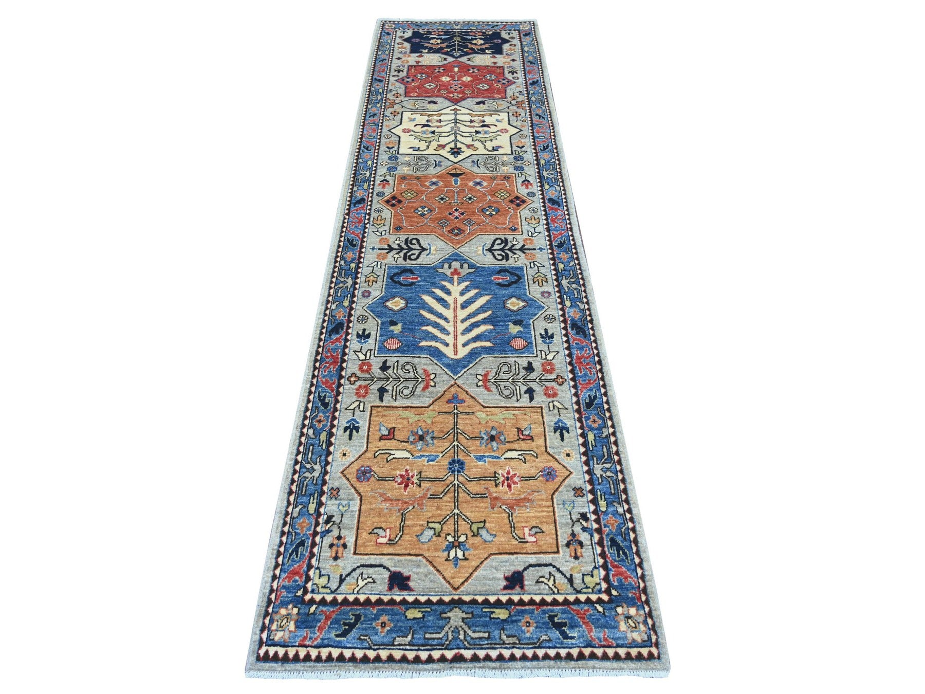 Grey 2'8" x 10'2" Tribal & Geometric Hand knotted Wool Rug - Sku: O021274