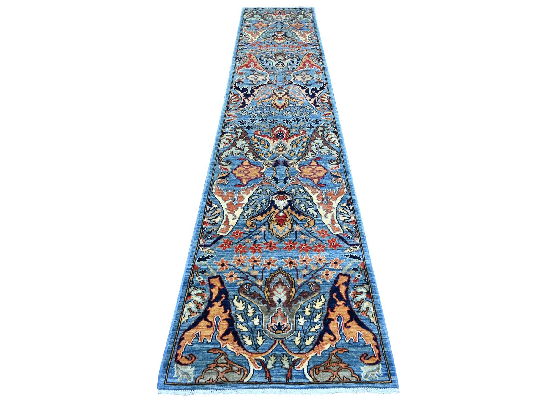 Tribal & Geometric hand-knotted wool runner in Blue, 2'7" x 13'9" — SKU O021275