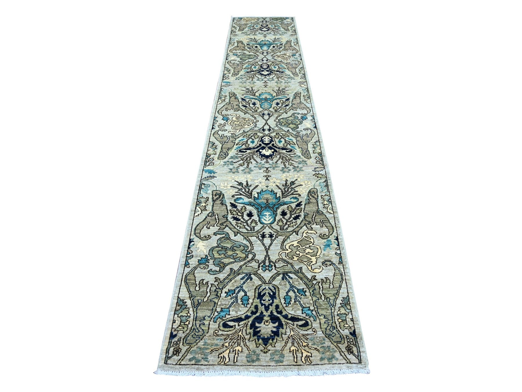 Grey 2'7" x 14'2" Tribal & Geometric Hand knotted Wool Rug - Sku: O021280