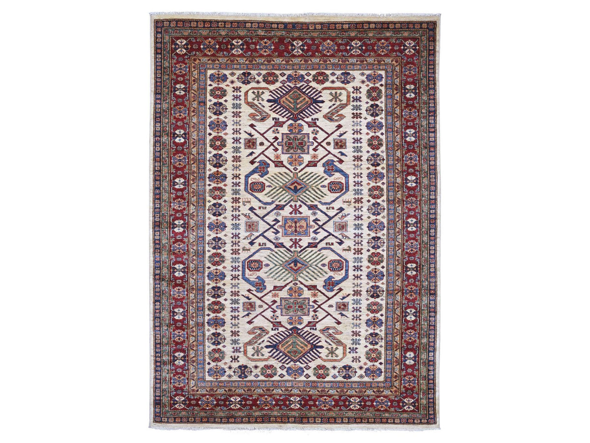 Kazak Tribal & Geometric hand-knotted wool rug in Ivory & Red, 6'1" x 8'8" — SKU O021287