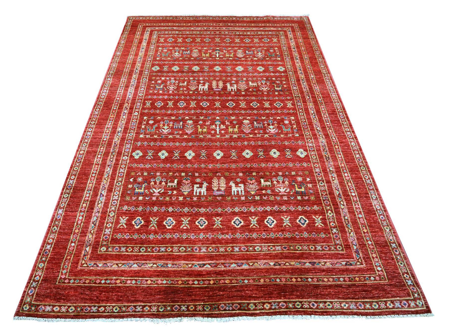 Gabbeh Tribal & Geometric hand-knotted wool rug in Red, 5'8" x 8'3" — SKU O021289