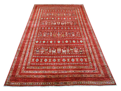 Gabbeh Tribal & Geometric hand-knotted wool rug in Red, 5'8" x 8'3" — SKU O021289