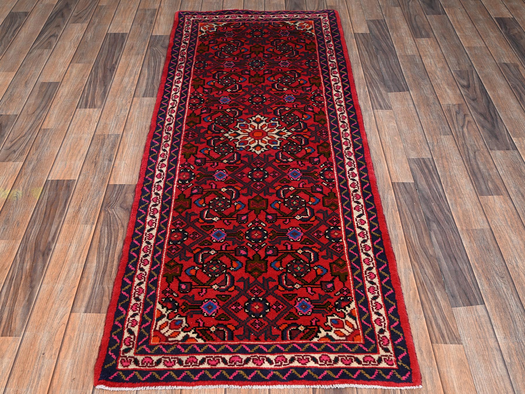 Hamadan Tribal & Geometric hand-knotted wool runner in Red & Ivory, 2'5" x 6'1" — SKU O02128 (view 2)