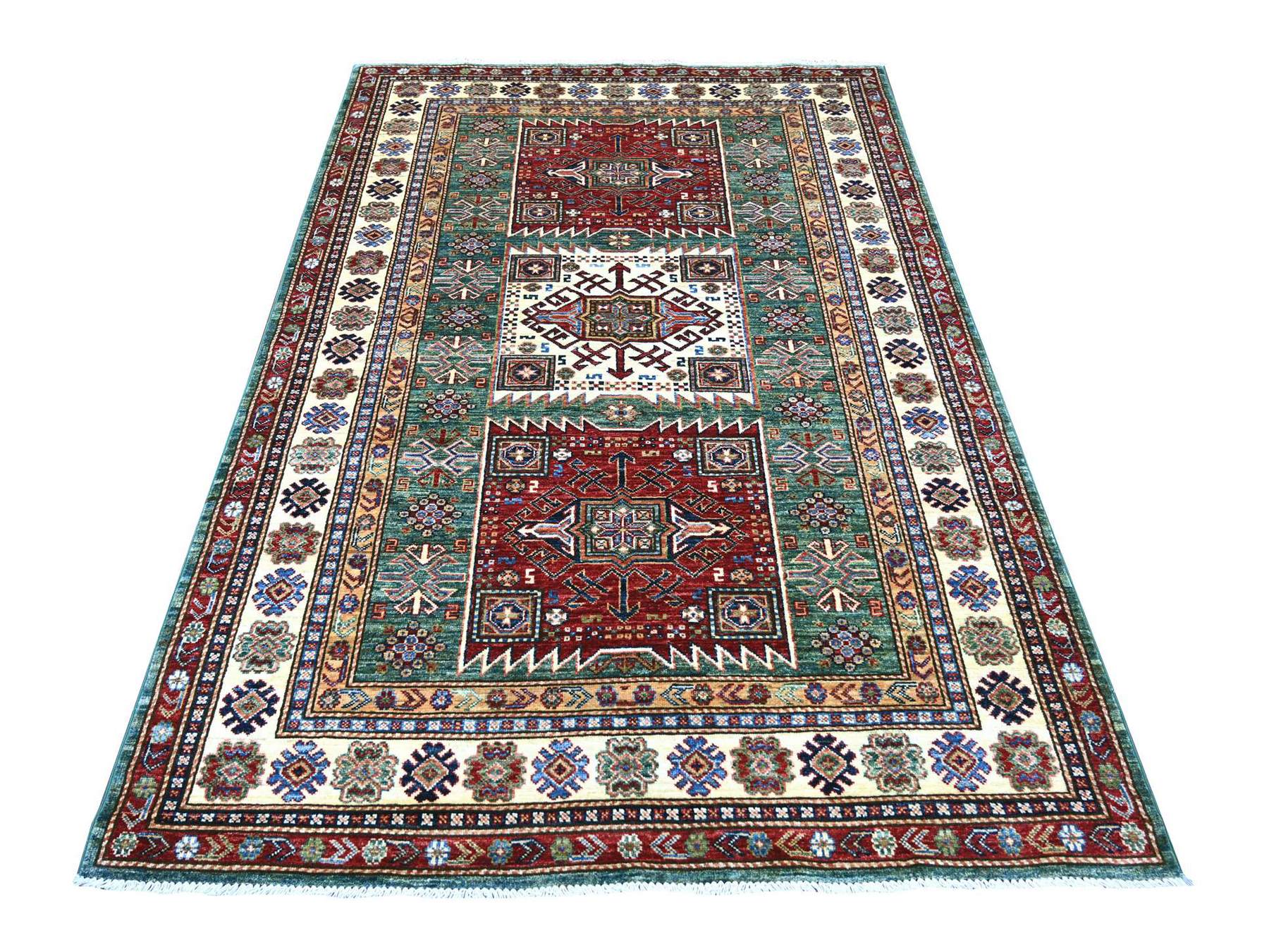 Green 5'0" x 7'2" Tribal & Geometric Hand knotted Wool Rug - Sku: O021299