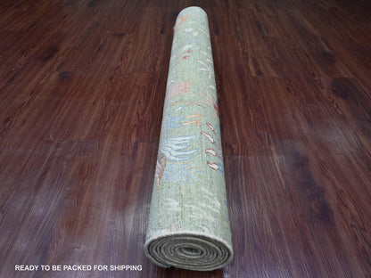 Green 4'1" x 10'1" Oushak And Peshawar Hand knotted Wool Rug - Sku: O021307