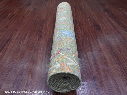 Green 3'11" x 12'2" Oushak And Peshawar Hand knotted Wool Rug - Sku: O021308