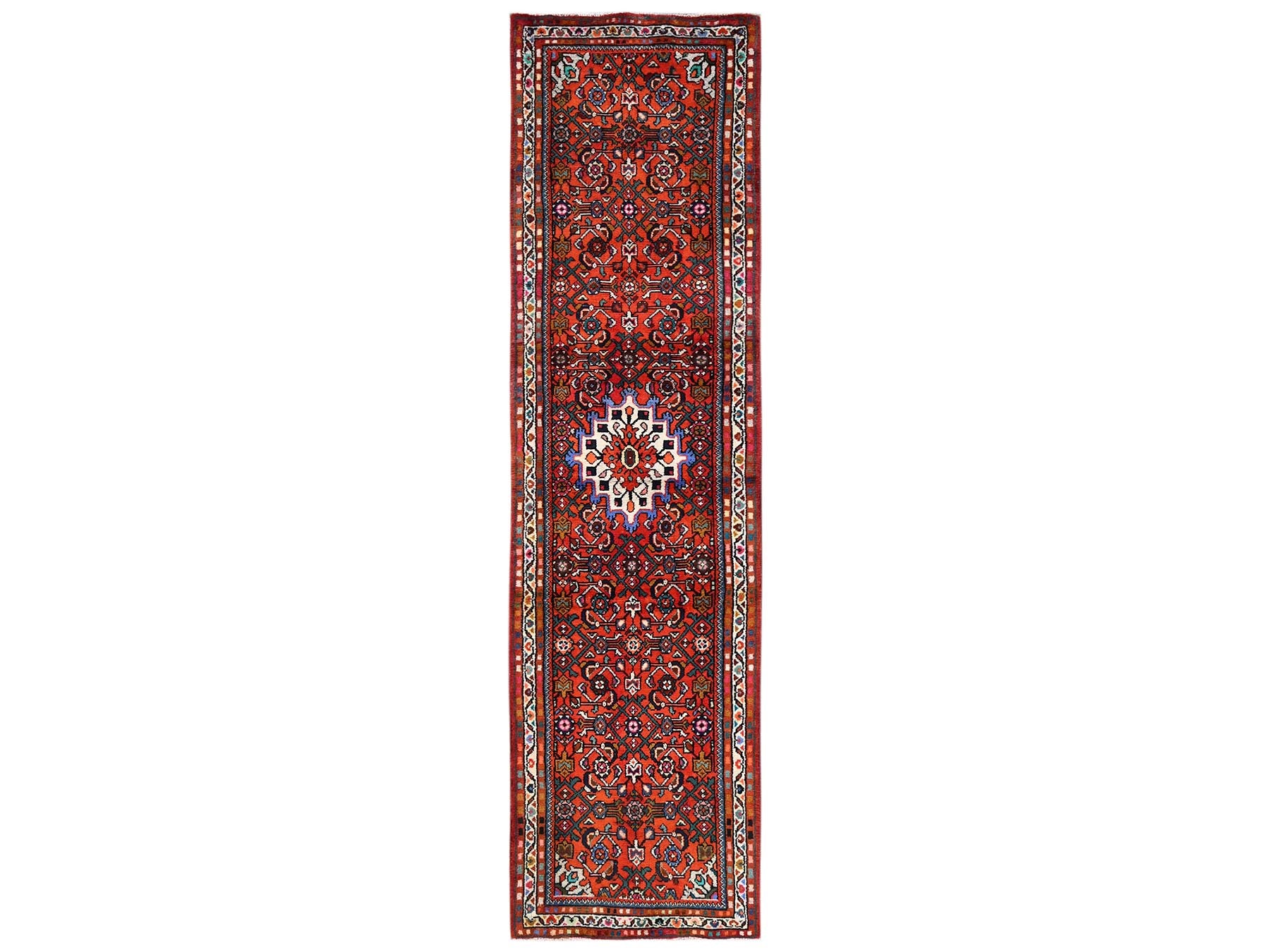 Tribal & Geometric hand-knotted wool runner in Red & Ivory, 2'7" x 10'1" — SKU O02130