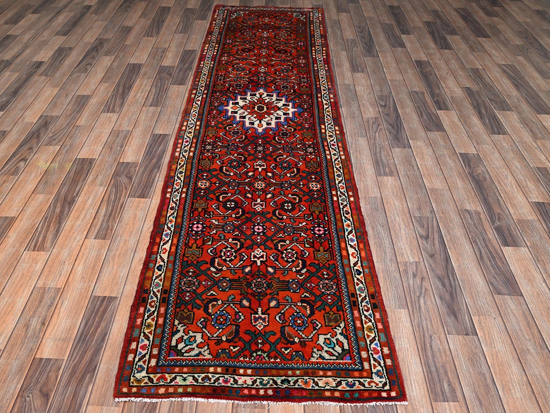 Tribal & Geometric hand-knotted wool runner in Red & Ivory, 2'7" x 10'1" — SKU O02130 (view 2)