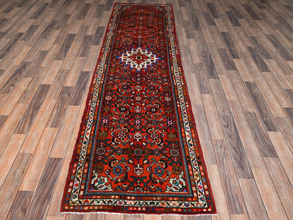 Tribal & Geometric hand-knotted wool runner in Red & Ivory, 2'7" x 10'1" — SKU O02130 (view 2)