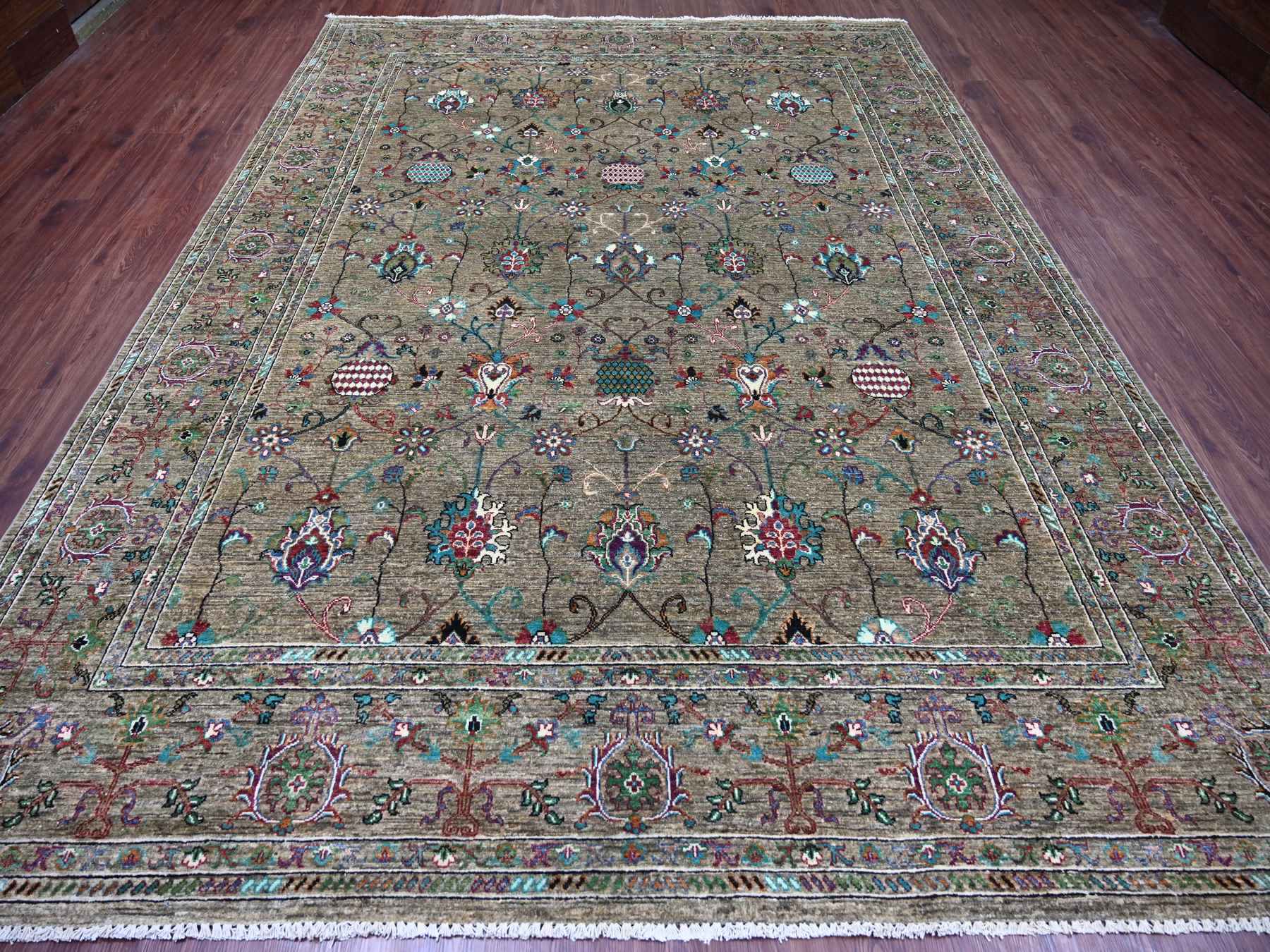 Green 9'0" x 12'1" Tribal & Geometric Hand knotted Wool Rug - Sku: O021315