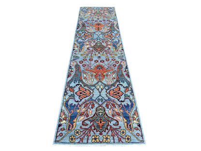 Blue 2'8" x 10'0" Tribal & Geometric Hand knotted Wool Rug - Sku: O021316