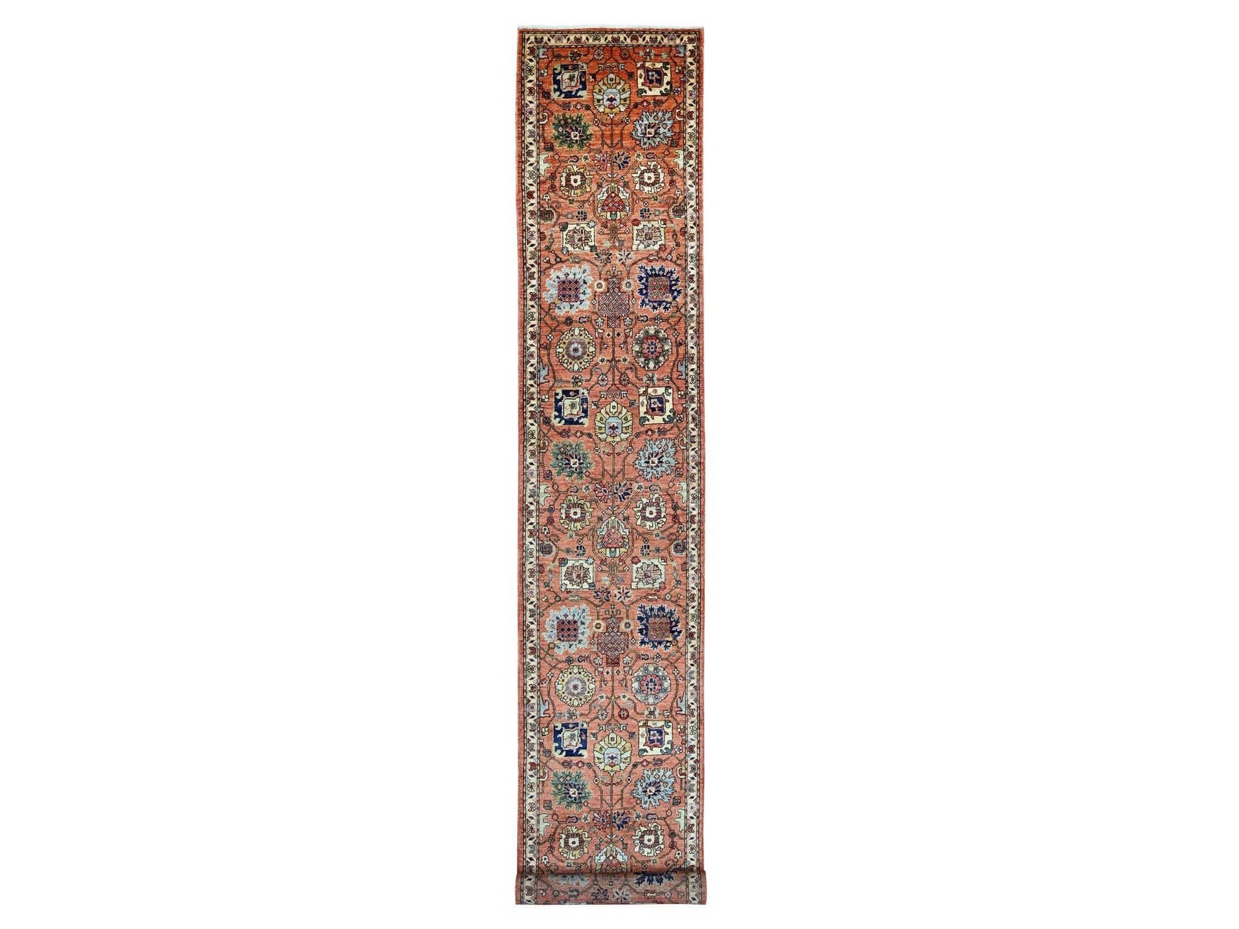 Tribal & Geometric hand-knotted wool runner in Red & Ivory, 2'8" x 19' — SKU O021317