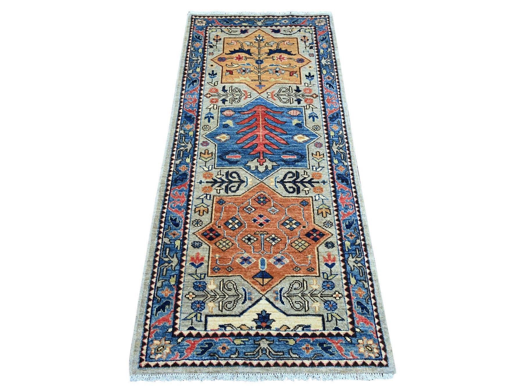 Peshawar Tribal & Geometric hand-knotted wool runner in Gray & Blue, 2'8" x 6'1" — SKU O021319