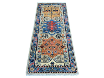 Peshawar Tribal & Geometric hand-knotted wool runner in Gray & Blue, 2'8" x 6'1" — SKU O021319