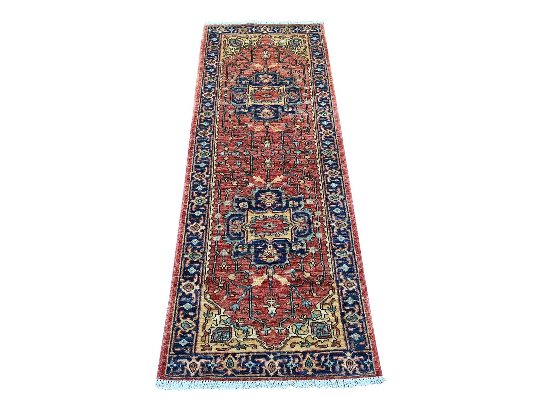 Heriz Tribal & Geometric hand-knotted wool runner in Red & Navy Blue, 2'2" x 6' — SKU O021320