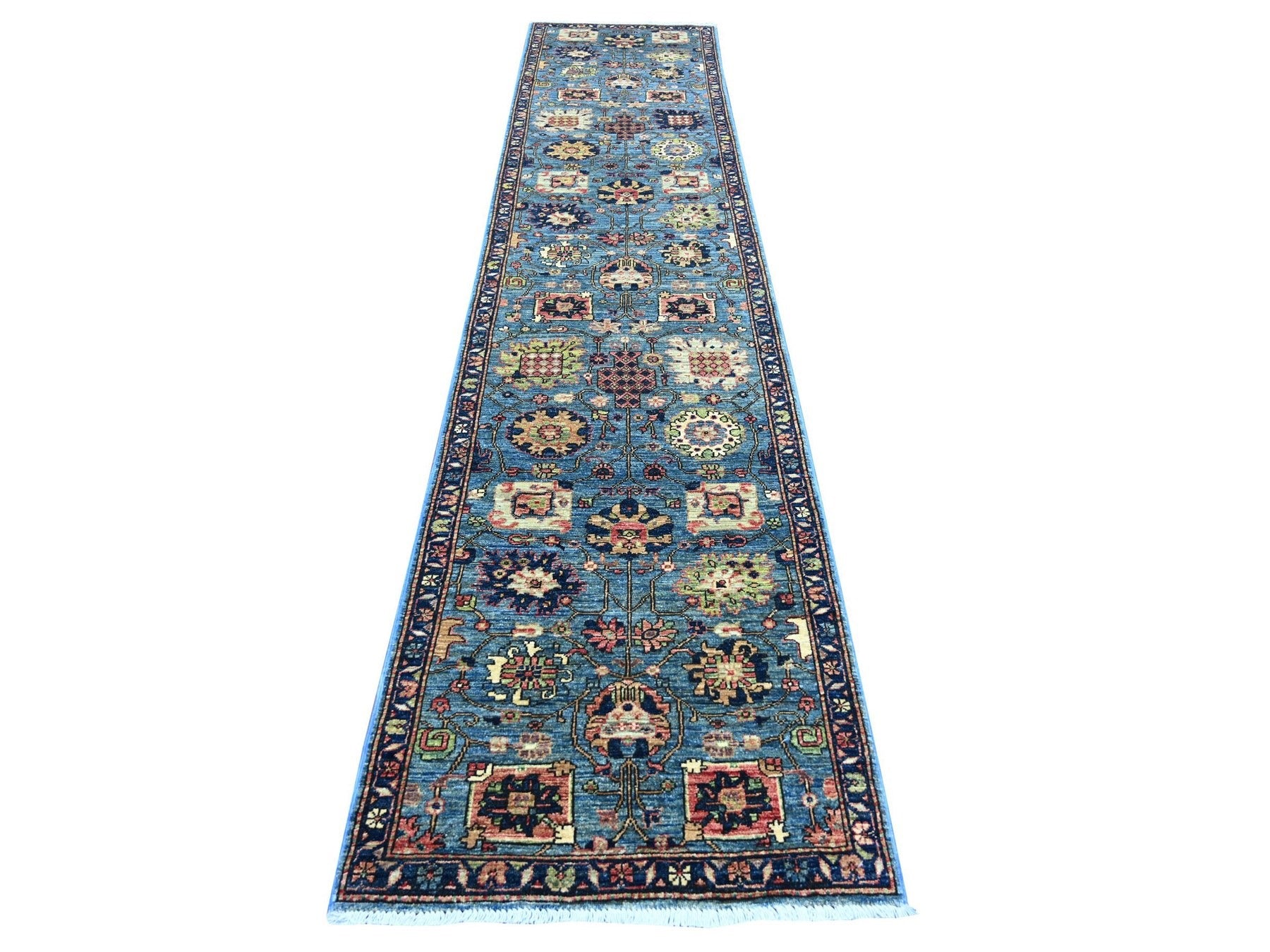 Blue 2'9" x 12'10" Tribal & Geometric Hand knotted Wool Rug - Sku: O021322