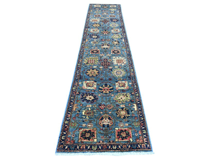 Blue 2'9" x 12'10" Tribal & Geometric Hand knotted Wool Rug - Sku: O021322