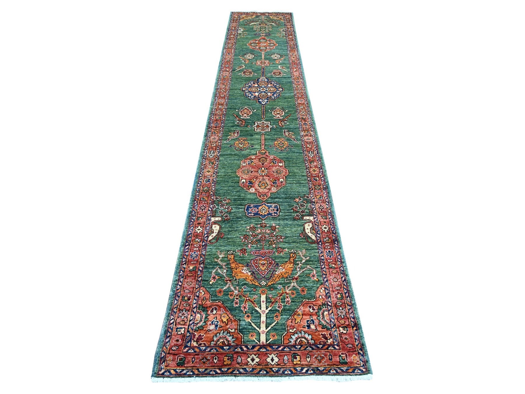 Green 2'5" x 13'9" Tribal & Geometric Hand knotted Wool Rug - Sku: O021323