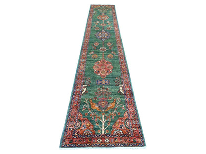 Green 2'5" x 13'9" Tribal & Geometric Hand knotted Wool Rug - Sku: O021323