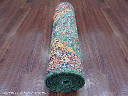 Green 2'5" x 13'9" Tribal & Geometric Hand knotted Wool Rug - Sku: O021323