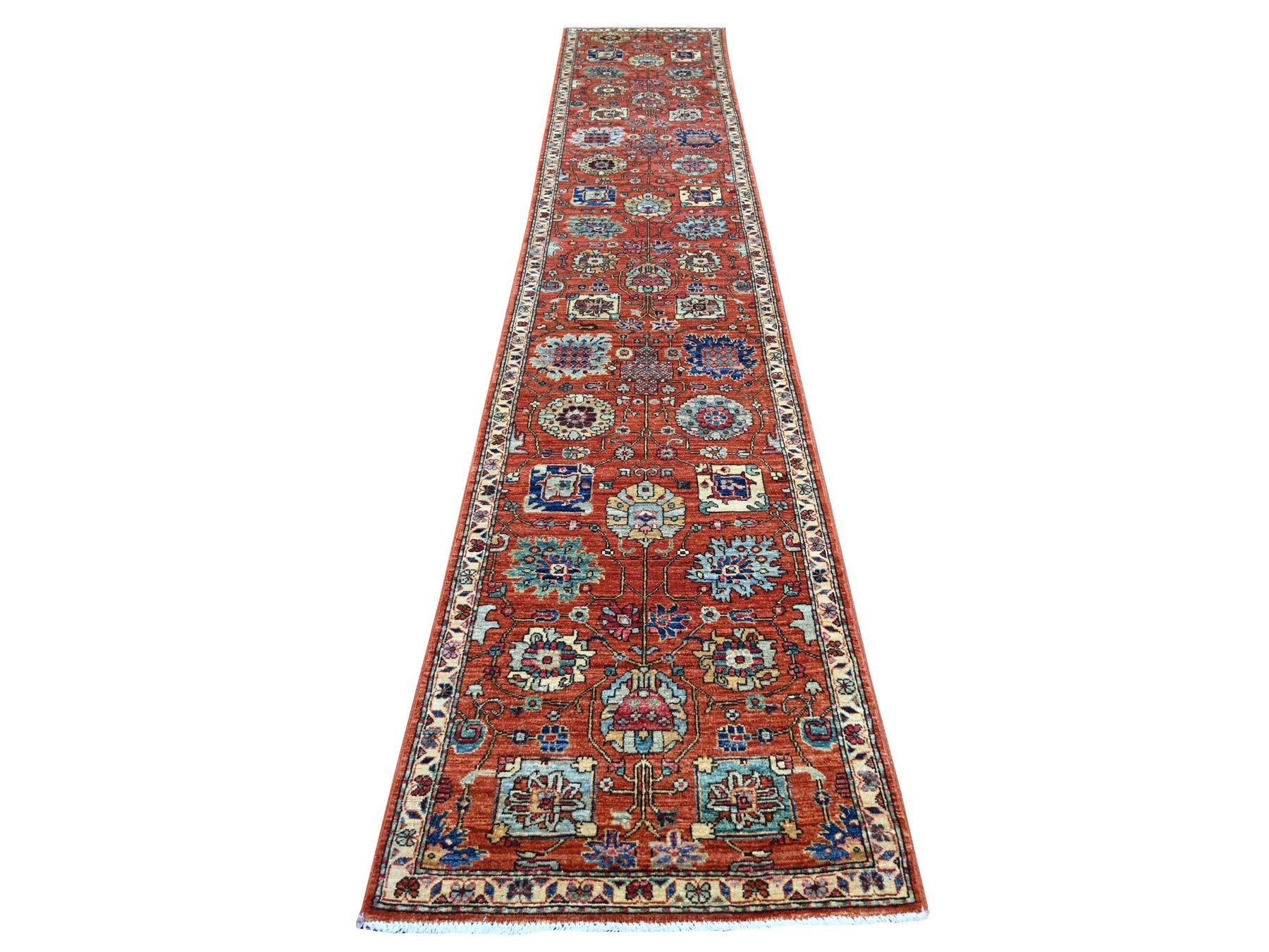 Tribal & Geometric hand-knotted wool runner in Orange & Ivory, 2'7" x 14'5" — SKU O021325