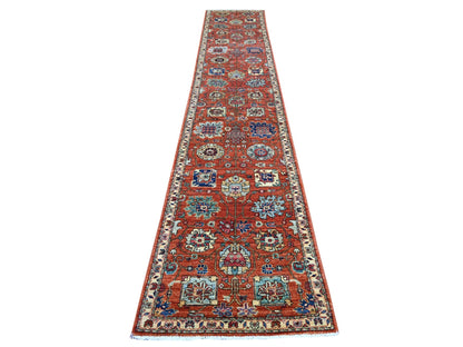 Tribal & Geometric hand-knotted wool runner in Orange & Ivory, 2'7" x 14'5" — SKU O021325