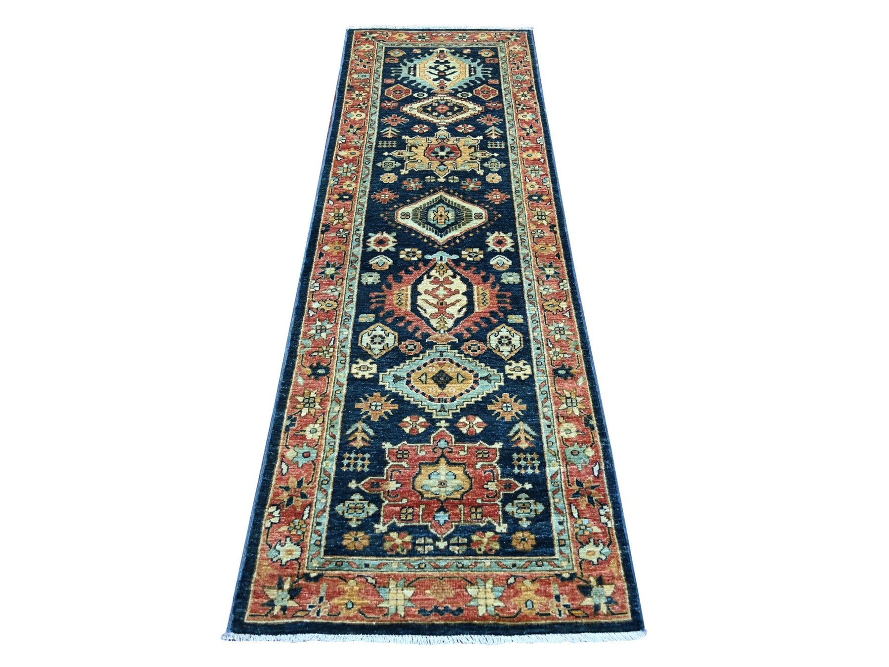 Peshawar Tribal & Geometric hand-knotted wool runner in Blue & Red, 2'7" x 8'2" — SKU O021326
