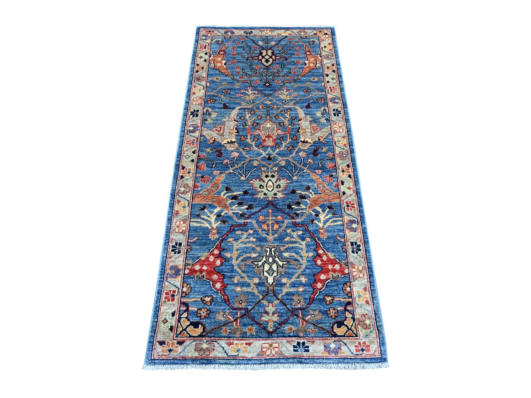 Blue 2'8" x 6'0" Tribal & Geometric Hand knotted Wool Rug - Sku: O021327