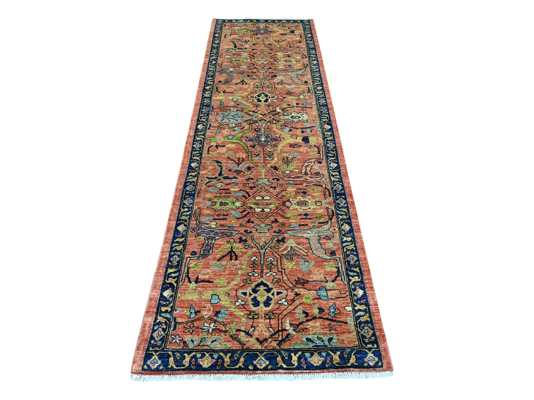 Peshawar Tribal & Geometric hand-knotted wool runner in Red & Navy Blue, 2'10" x 9'5" — SKU O021328