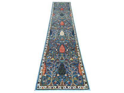 Blue 2'7" x 12'11" Tribal & Geometric Hand knotted Wool Rug - Sku: O021330