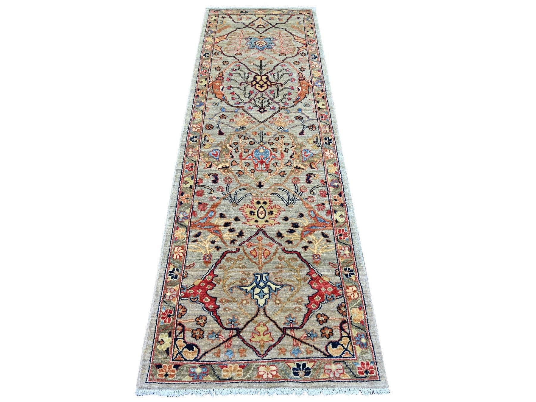 Grey 2'6" x 7'11" Tribal & Geometric Hand knotted Wool Rug - Sku: O021333