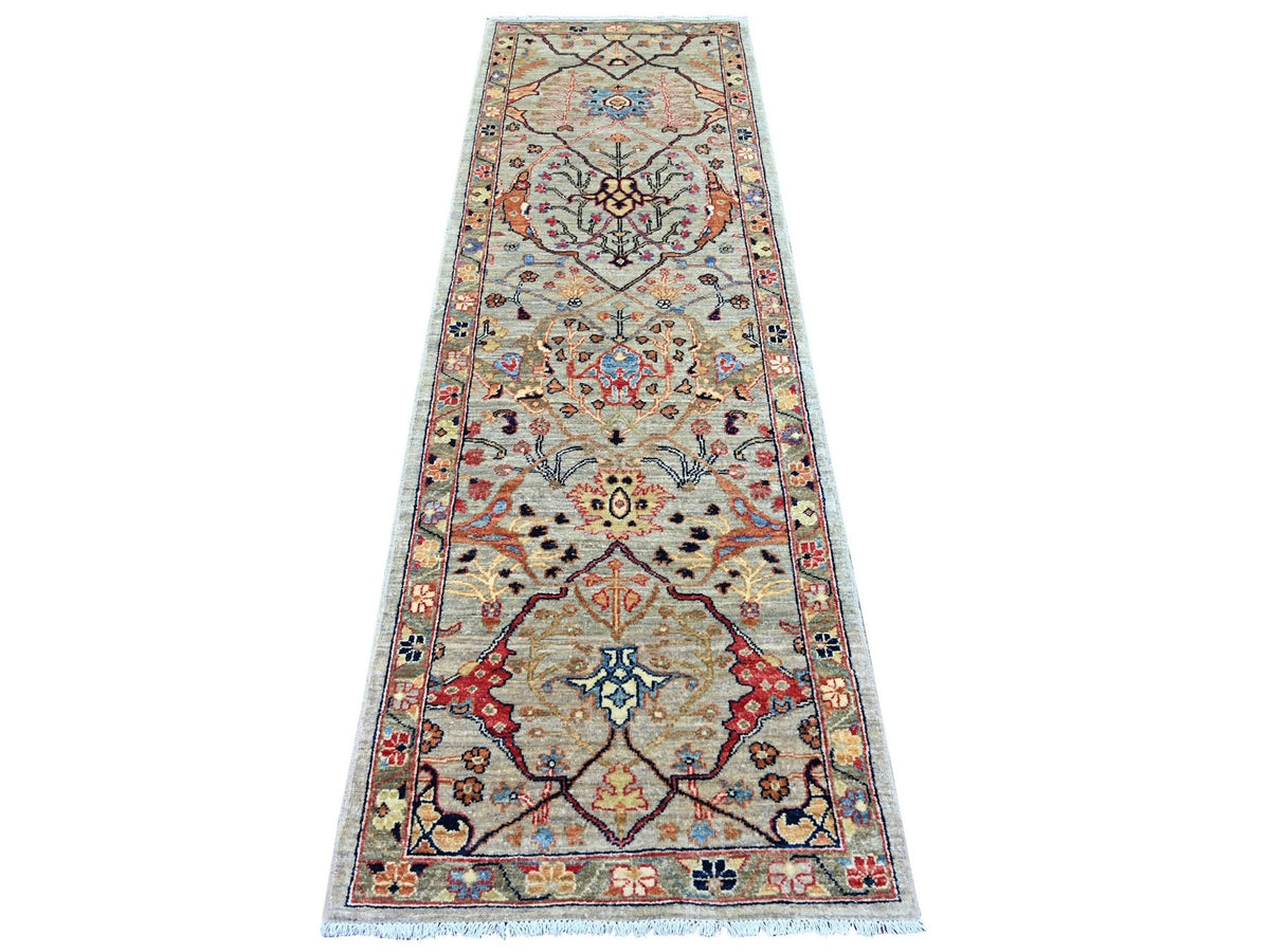Peshawar Tribal & Geometric hand-knotted wool runner in Gray & Green, 2'6" x 7'11" — SKU O021333
