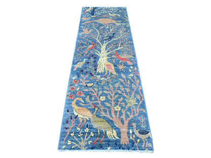 Blue 2'6" x 7'7" Oushak And Peshawar Hand knotted Wool Rug - Sku: O021340