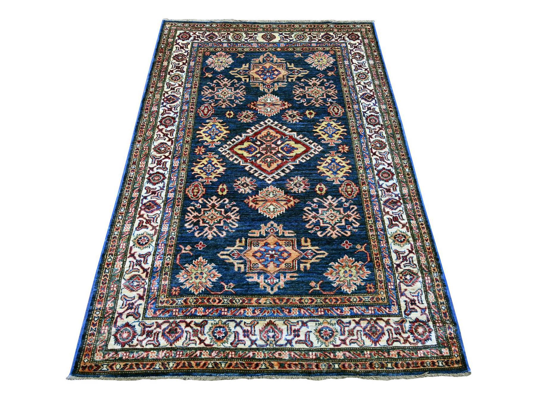 Blue 4'0" x 6'0" Tribal & Geometric Hand knotted Wool Rug - Sku: O021346