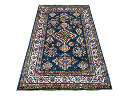 Blue 4'0" x 6'0" Tribal & Geometric Hand knotted Wool Rug - Sku: O021346