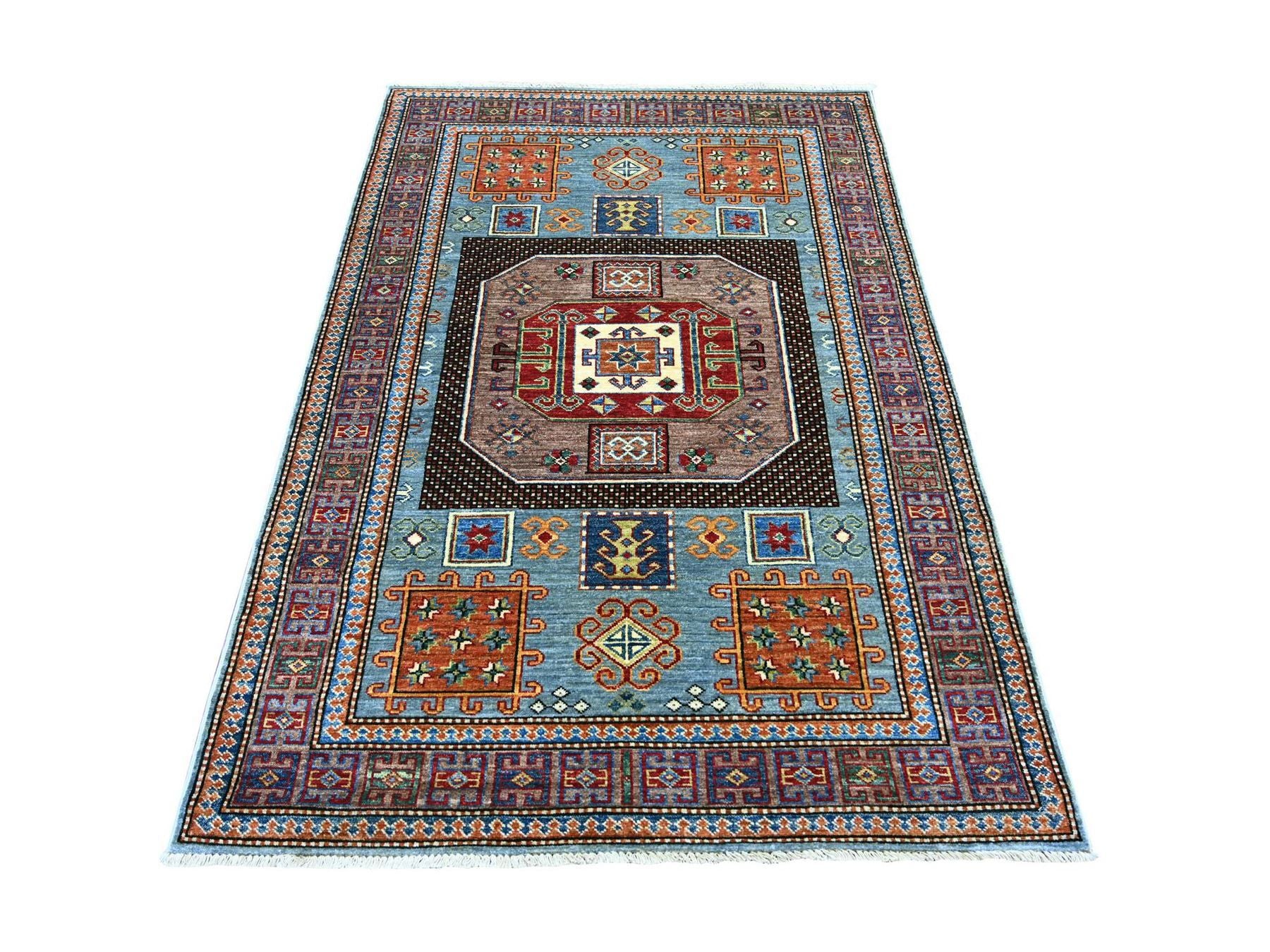 Blue 4'2" x 6'2" Tribal & Geometric Hand knotted Wool Rug - Sku: O021347