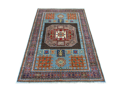 Blue 4'2" x 6'2" Tribal & Geometric Hand knotted Wool Rug - Sku: O021347