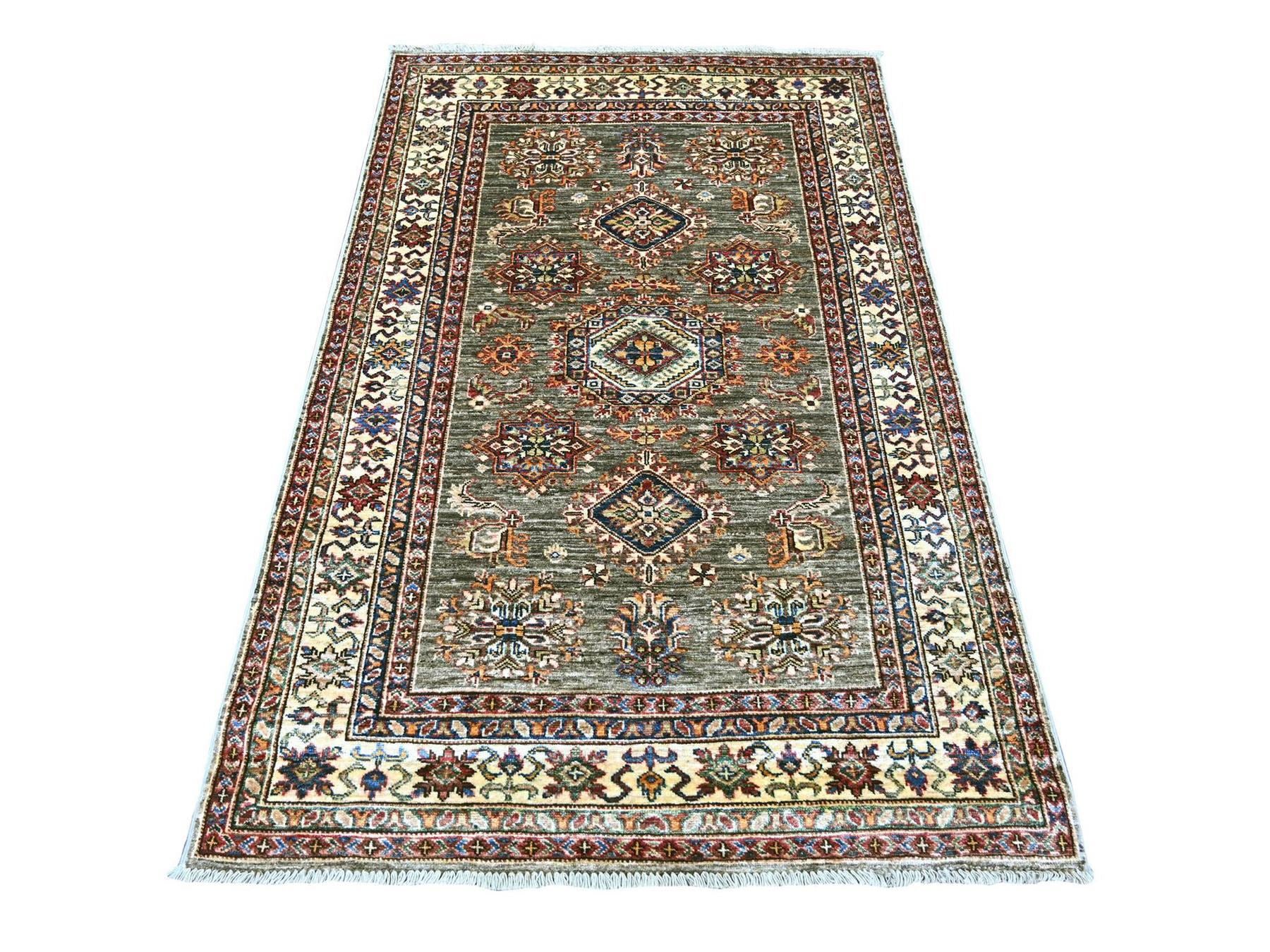 Kazak Tribal & Geometric hand-knotted wool rug in Gray & Ivory, 3'11" x 5'11" — SKU O021348