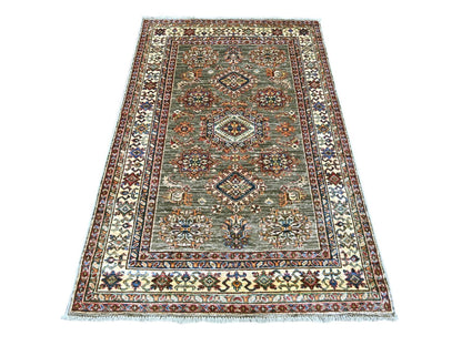 Kazak Tribal & Geometric hand-knotted wool rug in Gray & Ivory, 3'11" x 5'11" — SKU O021348