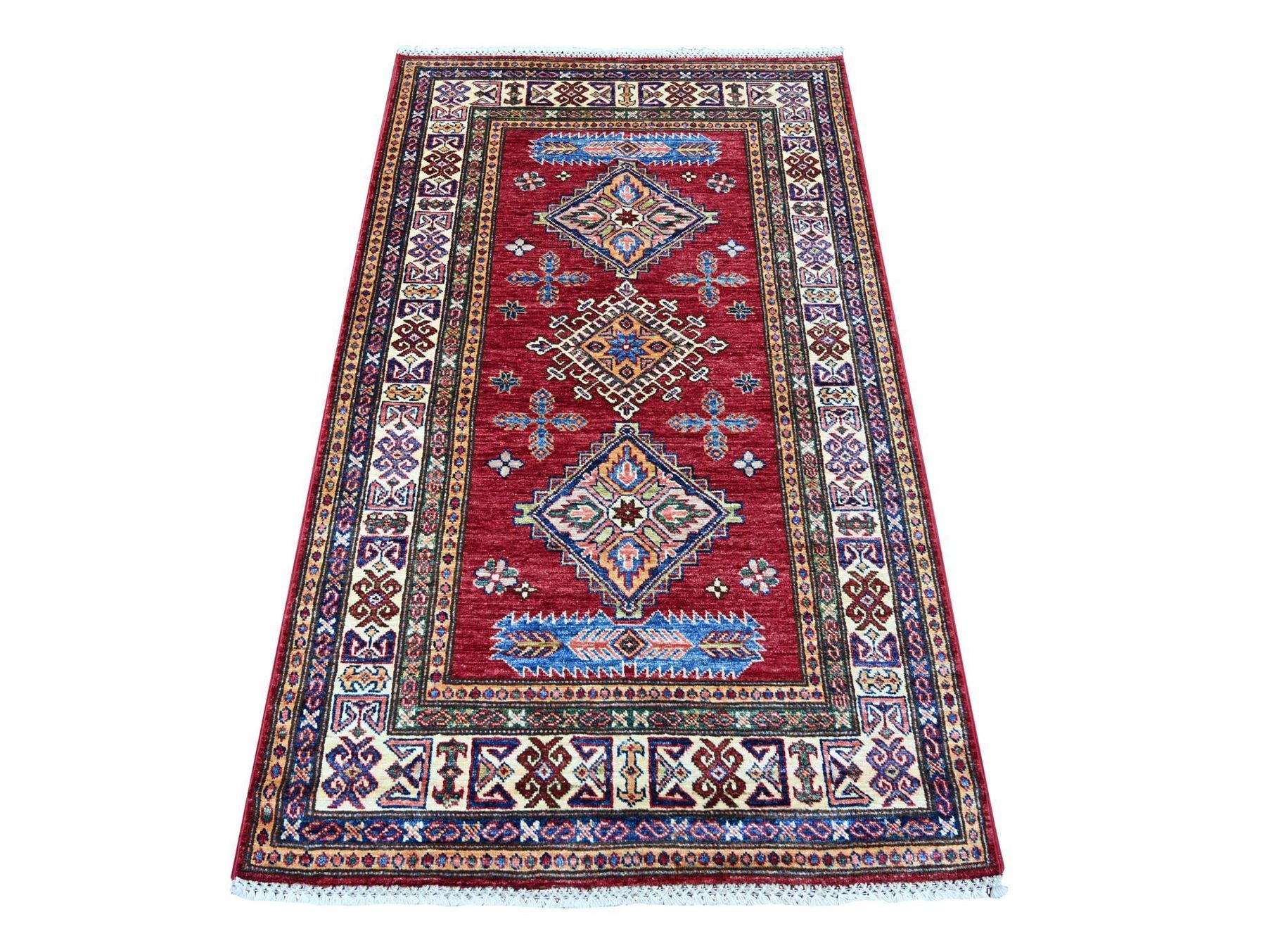 Kazak Tribal & Geometric hand-knotted wool rug in Red & Ivory, 3'4" x 5'7" — SKU O021351