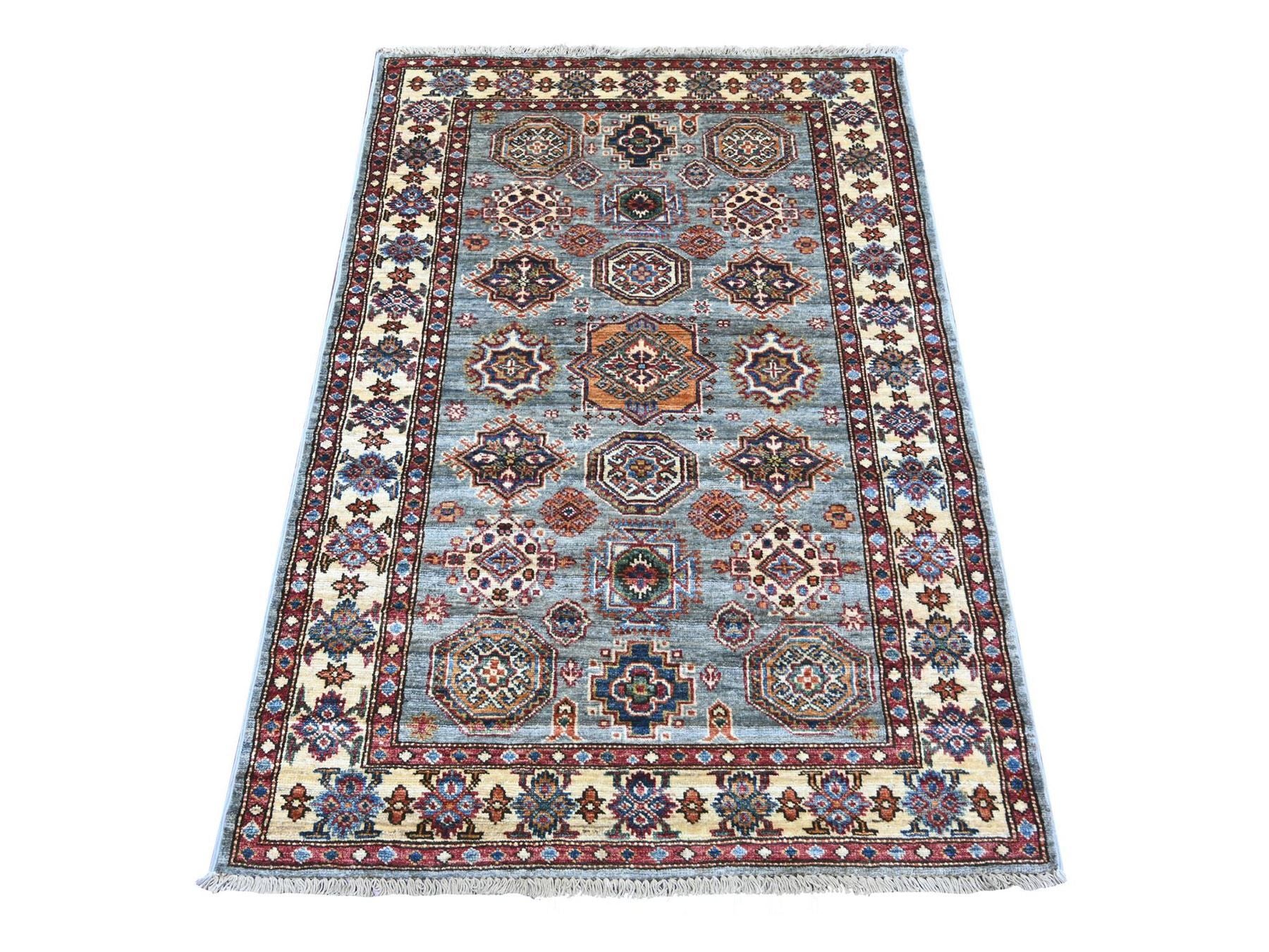 Kazak Tribal & Geometric hand-knotted wool rug in Gray & Ivory, 3'6" x 4'11" — SKU O021353