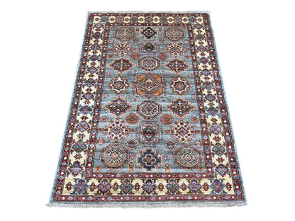 Kazak Tribal & Geometric hand-knotted wool rug in Gray & Ivory, 3'6" x 4'11" — SKU O021353