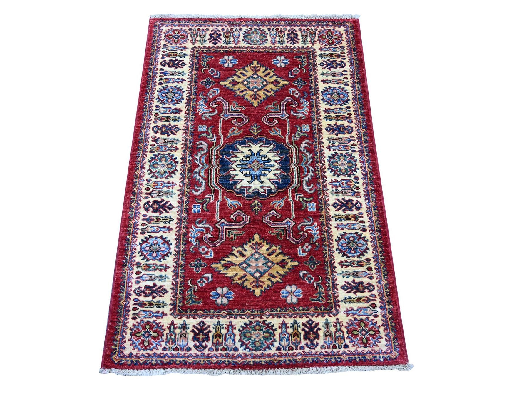 Kazak Tribal & Geometric hand-knotted wool rug in Red & Ivory, 2'6" x 4' — SKU O021356