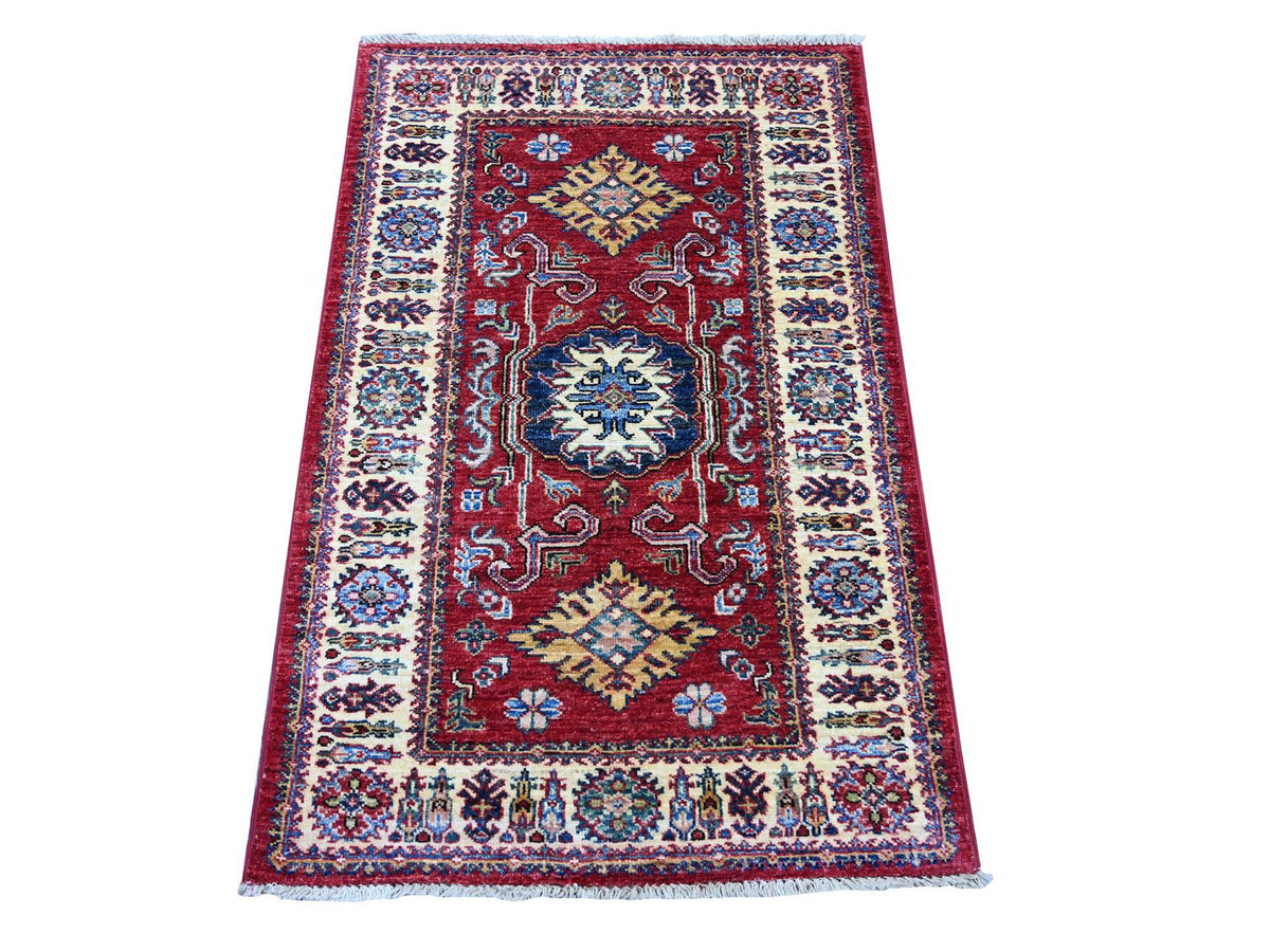 Kazak Tribal & Geometric hand-knotted wool rug in Red & Ivory, 2'6" x 4' — SKU O021356